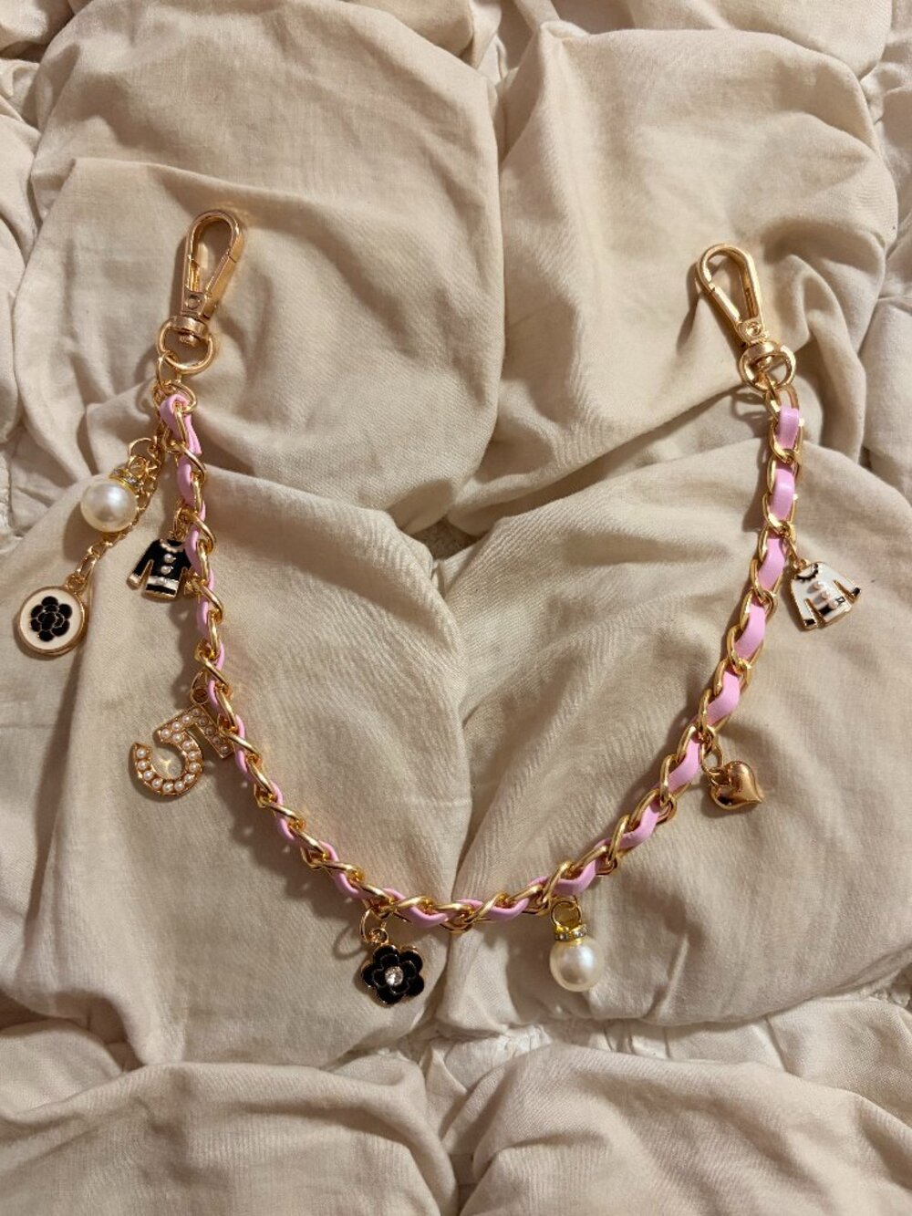 Free People Gold Tone Pink Woven Leather Chain Multi-Charm Bag Chain Strap